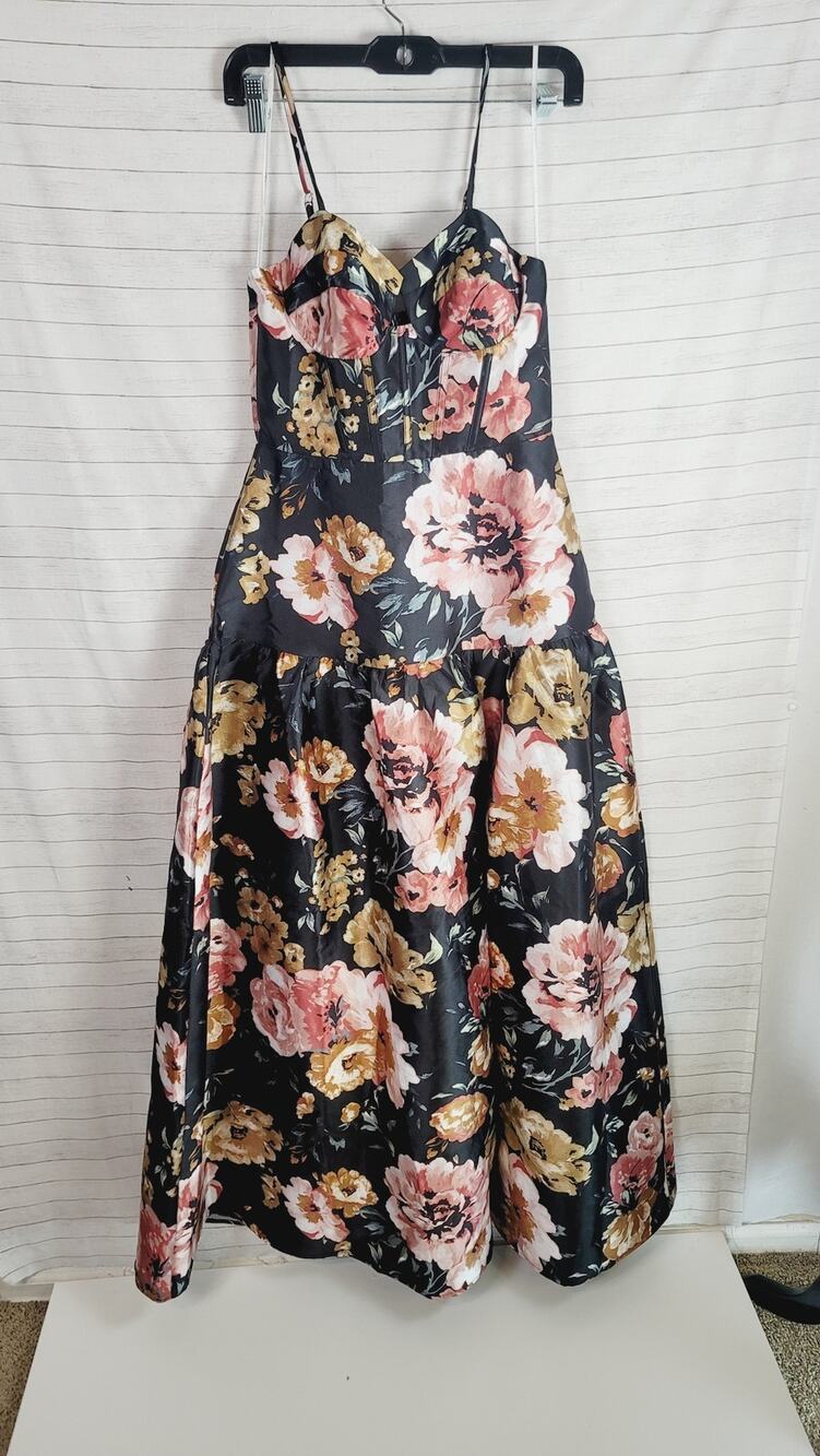 LULUS Confident Delight Black Floral Tiered Bustier Maxi Dress, sz Small
